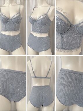 Light Gray Sequin Lace Longline Bralette and High-Waist Brief Set